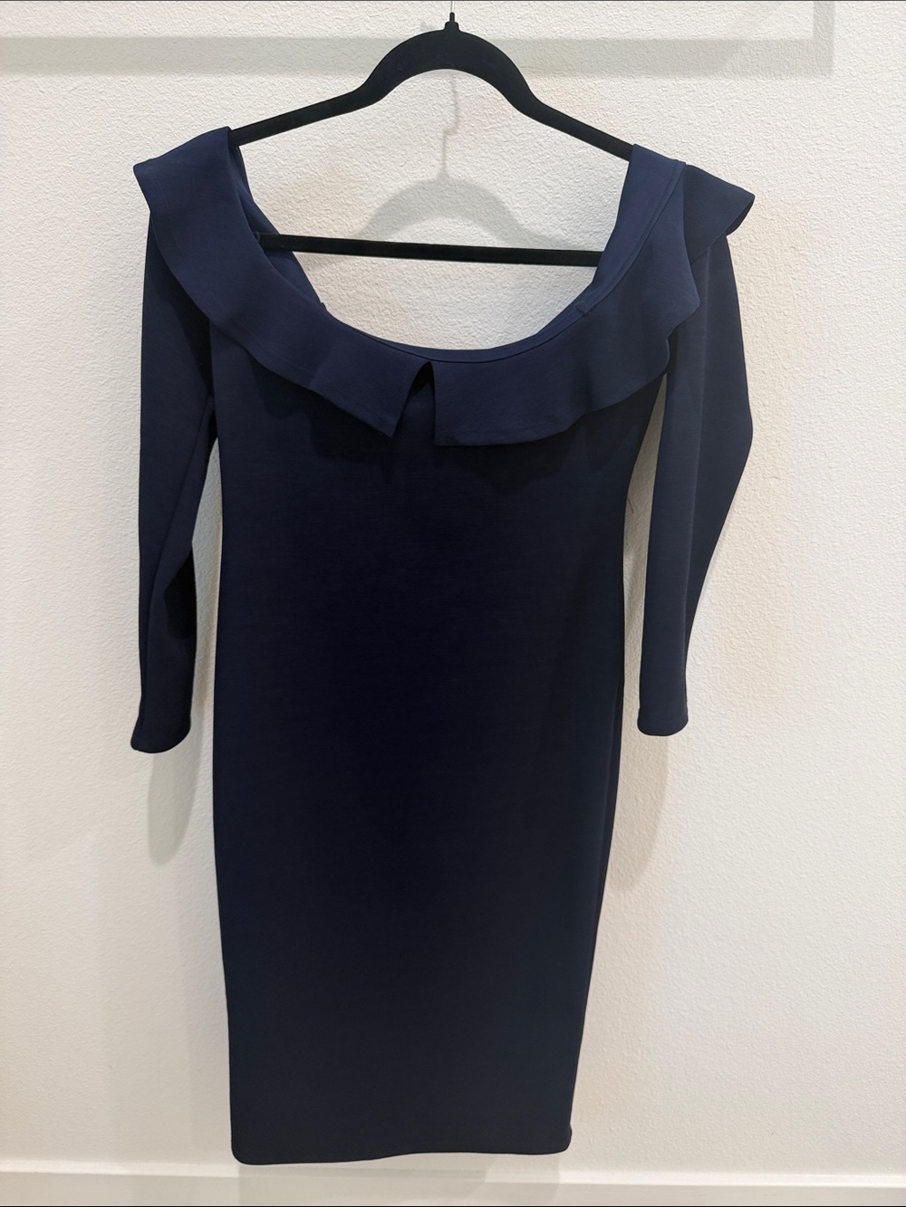 BCBGeneration Navy Off-Shoulder Ruffled Long Sleeve Sheath Dress